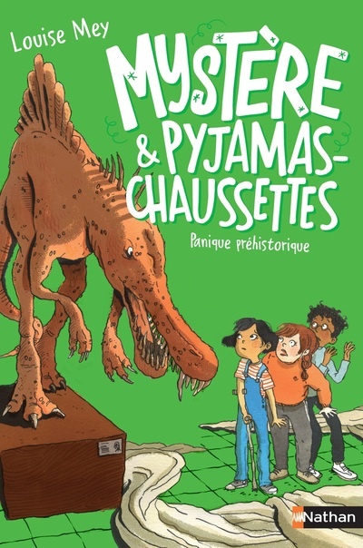 Camille, sa copine Maïa, son copain Idris, face à un gros gros dinosaure (qui fait peur)